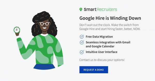 Illustration of an African American woman holding a clock next to a block of text announcing that Google Hire is scheduled for discontinuation.