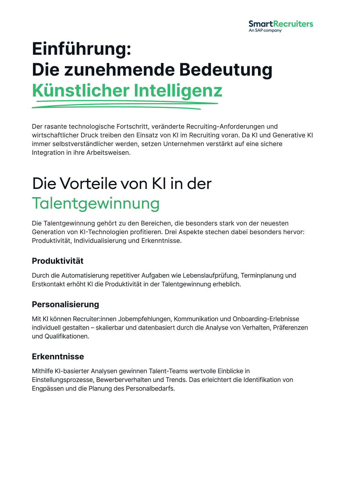 Dokumentenseite von SmartRecruiters über künstliche Intelligenz in der Talentgewinnung, mit Überschriften Einführung, Vorteile und Produktivität sowie Fließtextabschnitten. Logo oben rechts.
