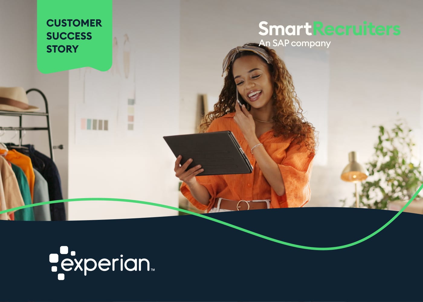Smiling woman in an orange blouse talks on a headset while holding a tablet, with “Customer Success Story” banner and SmartRecruiters/Experian branding in the background.
