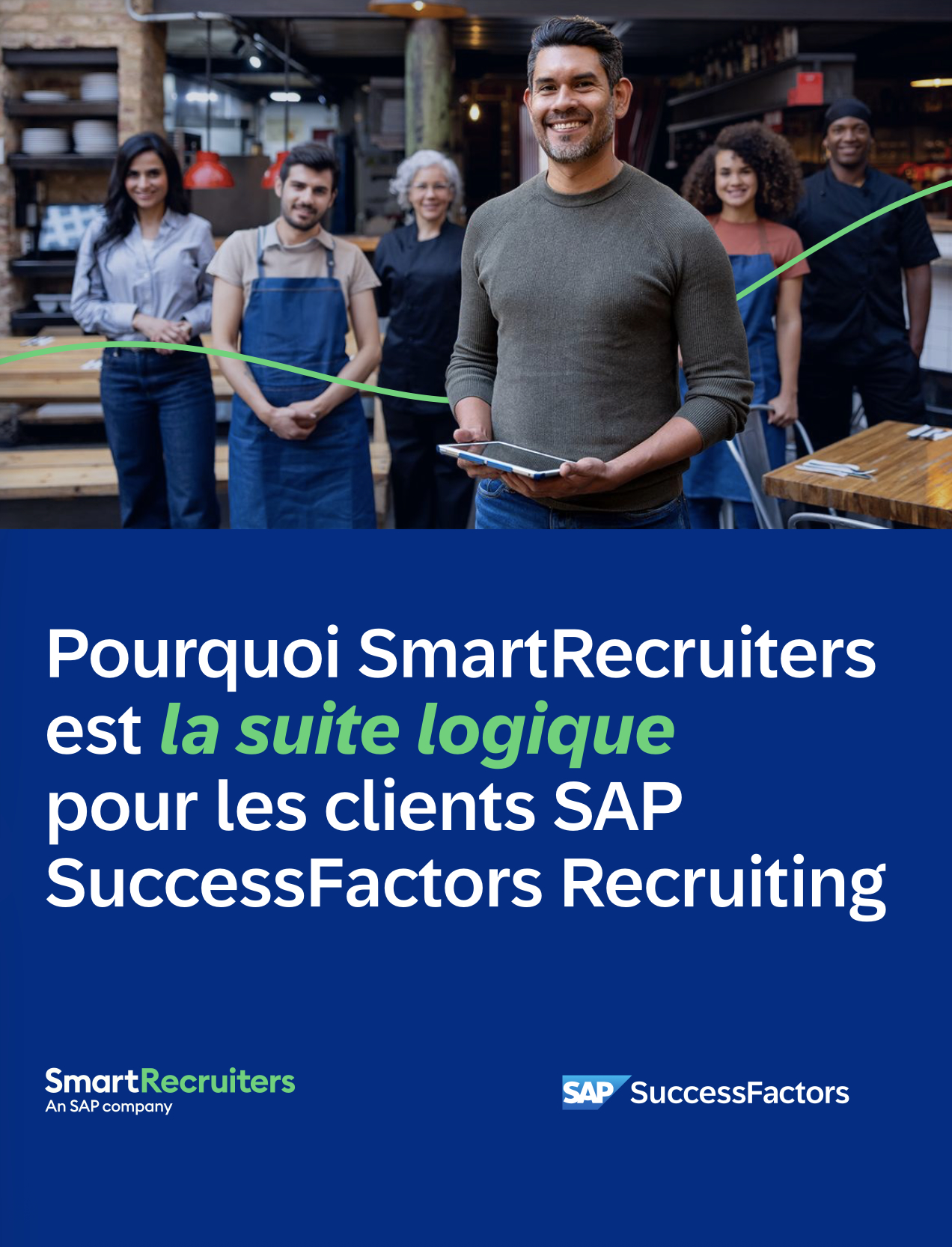 Cover image of a smiling man holding a tablet, standing in front of a diverse team in a restaurant setting; prominent blue banner with SmartRecruiters and SAP SuccessFactors branding and recruitment text.