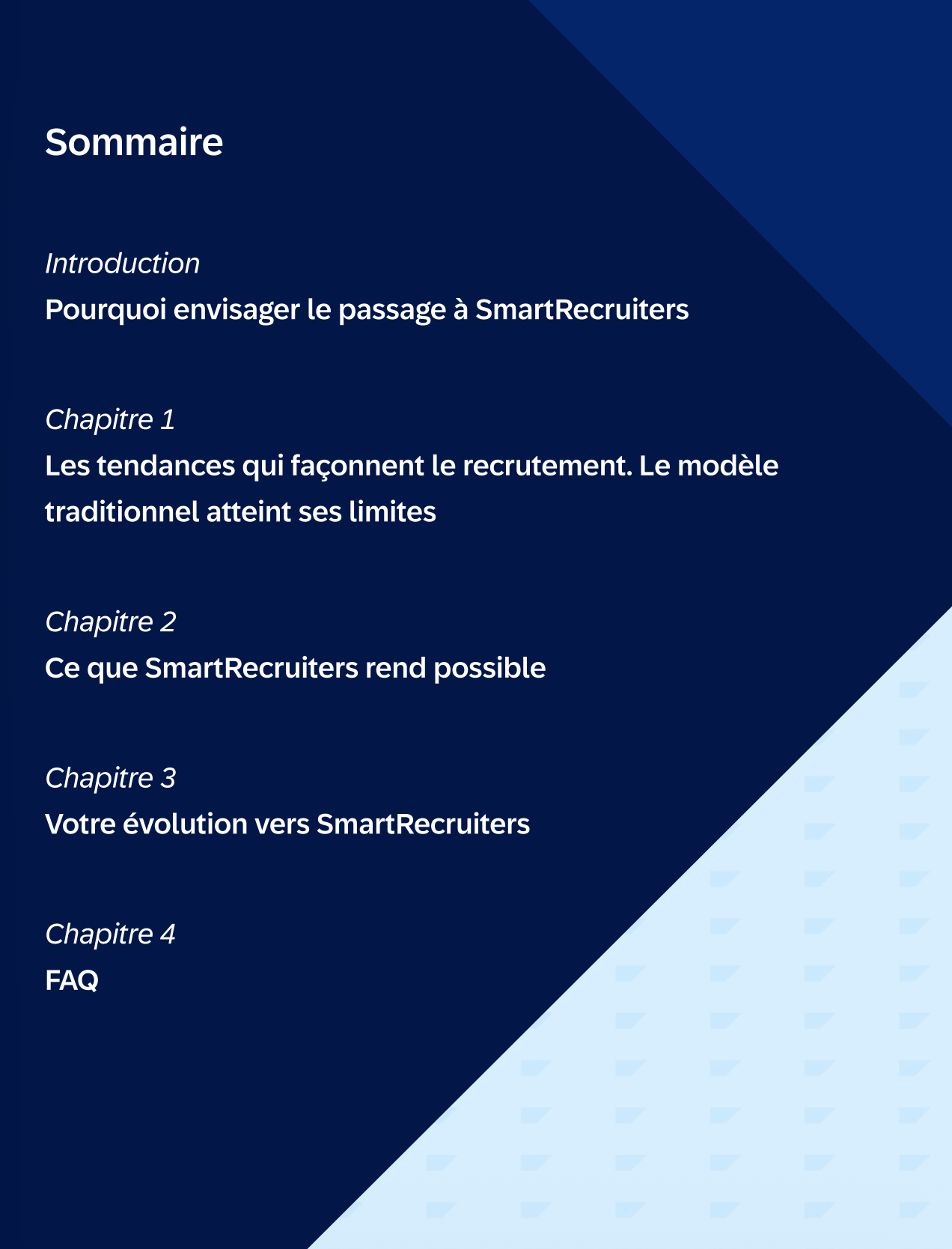 Table des matières d’un guide sur SmartRecruiters, listant Introduction et Chapitres 1 à 4 sur un fond bleu avec diagonale décorative.