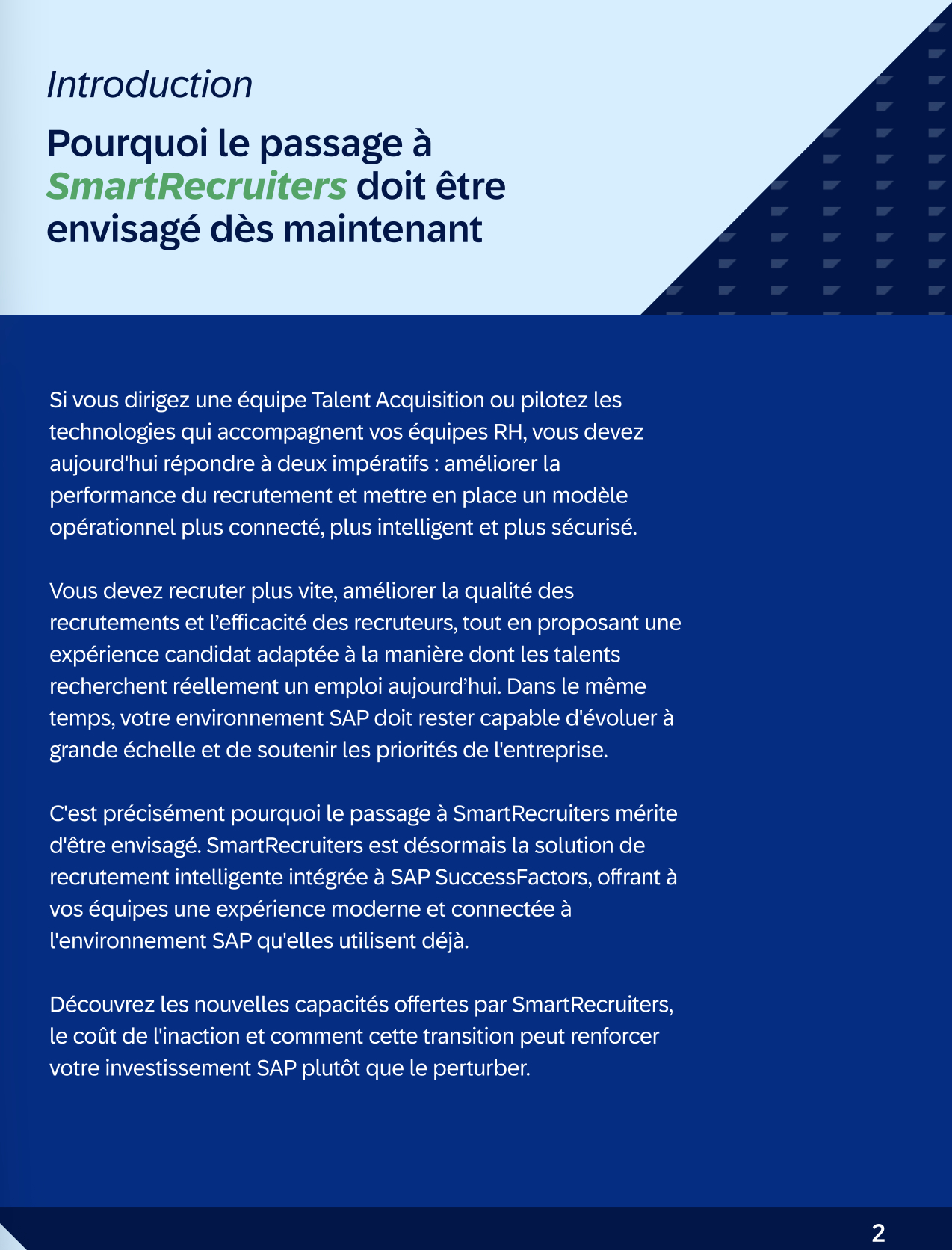 Introduction: pourquoi le passage à SmartRecruiters doit être envisagé dès maintenant, texte en français sur fond bleu clair et bleu foncé.