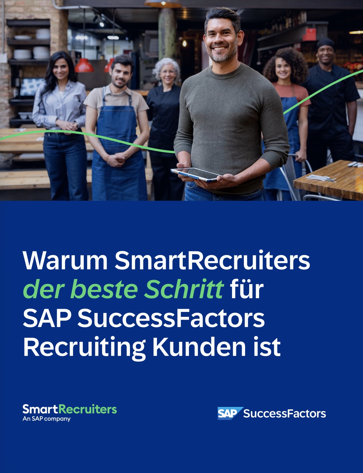 Group of diverse restaurant workers smiling behind a man with a tablet, on a blue recruitment banner for SAP SuccessFactors and SmartRecruiters (German text visible).