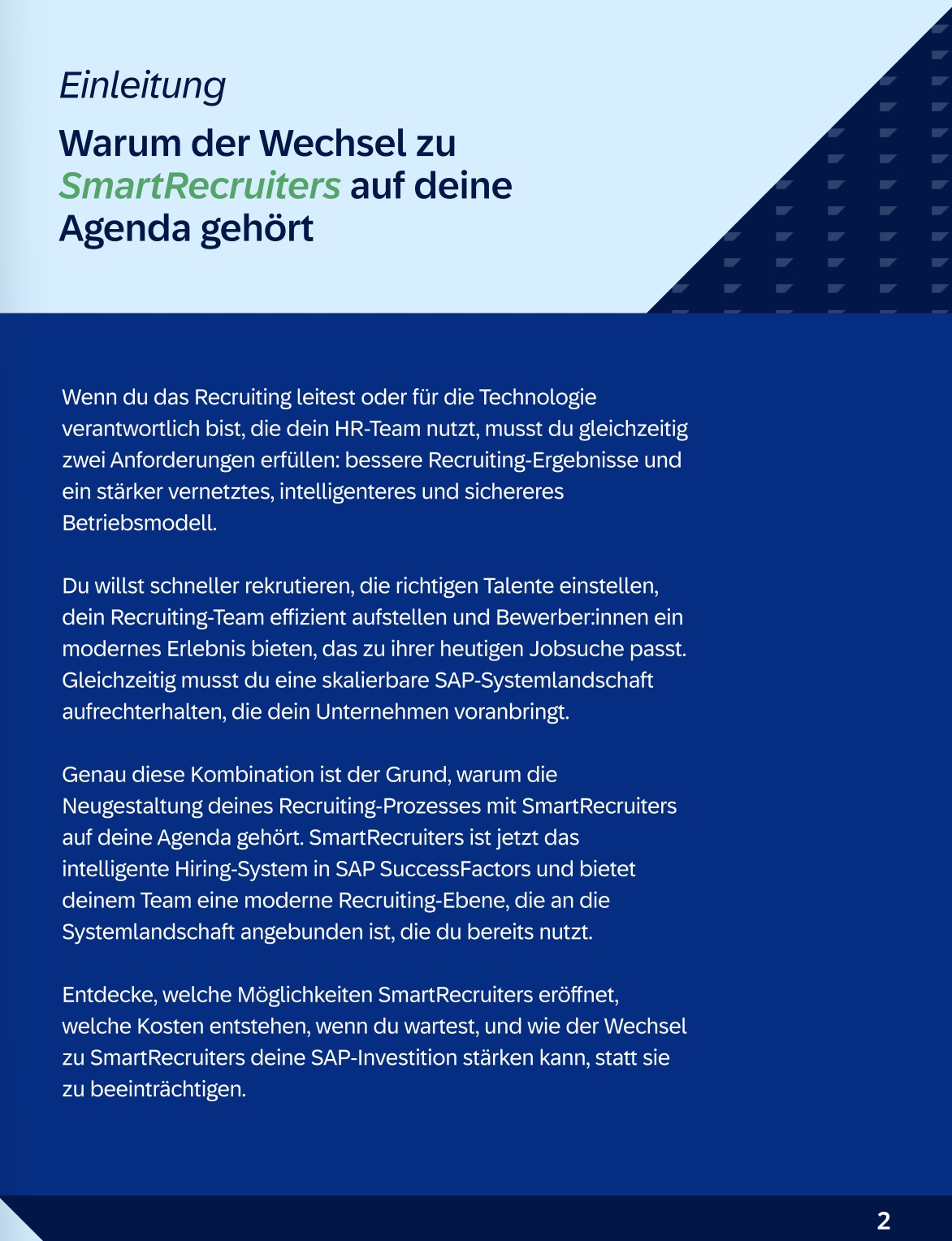 Intro-Seite mit Titel 'Warum der Wechsel zu SmartRecruiters auf deine Agenda gehört' in Blau, mit Textabschnitten über Recruiting.