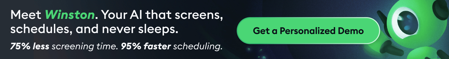 Promotional banner for Winston AI: AI that screens and schedules; features a green 'Get a Personalized Demo' CTA and a green mascot on the right.