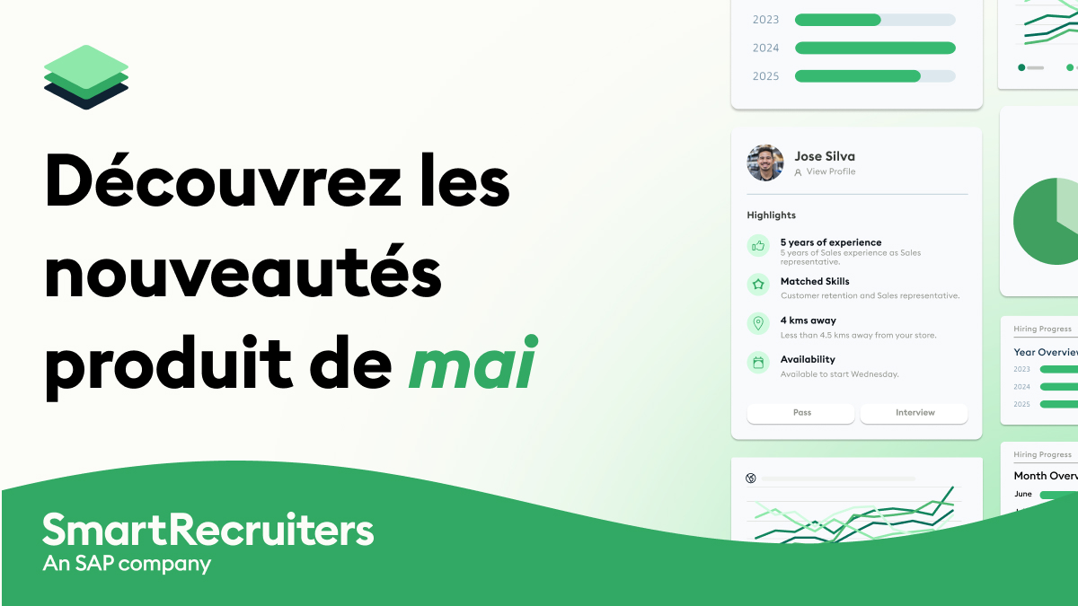 French hero banner promoting May product updates for SmartRecruiters, with logo and a green curved footer on a pale gradient background.