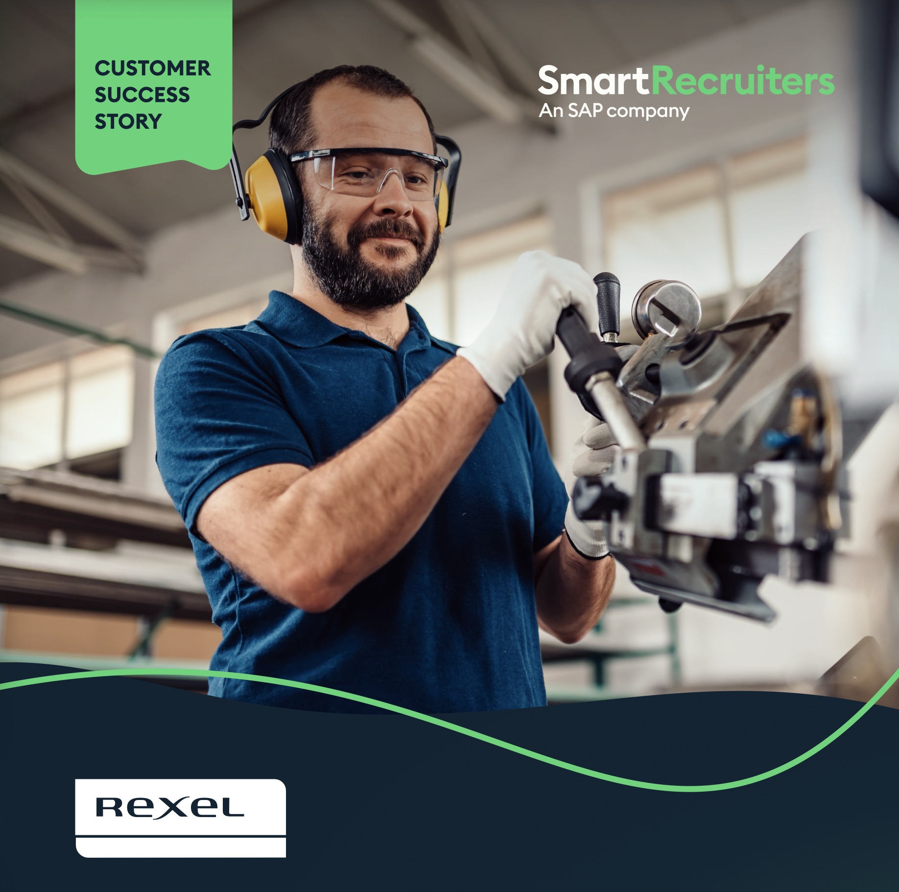 Industrial worker wearing safety goggles, earmuffs, and gloves operates a machine in a workshop.