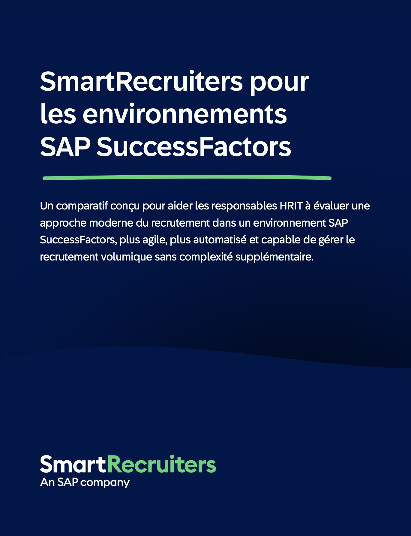 Hero banner in French: 'SmartRecruiters pour les environnements SAP SuccessFactors' with a green underline and descriptive paragraph; bottom branding 'SmartRecruiters An SAP company'.