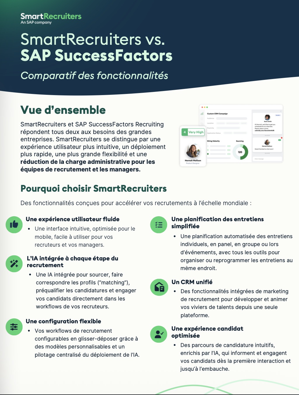 French-language infographic titled 'SmartRecruiters vs. SAP SuccessFactors' with subtitle 'Comparatif des fonctionnalités', featuring a left text column and a small dashboard mockup on the right.