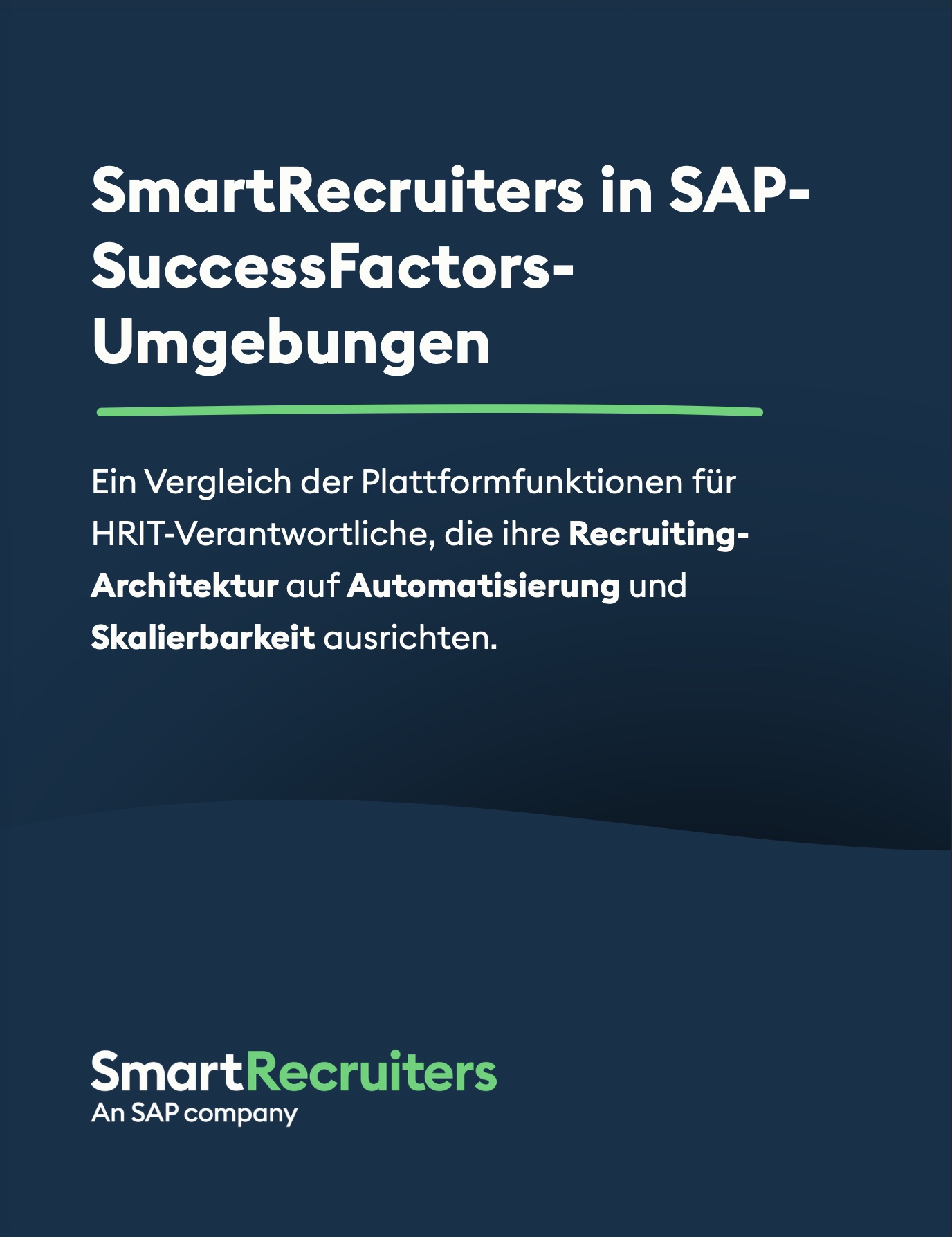 Dark blue hero with white German headline about SmartRecruiters in SAP SuccessFactors environments, green underline, and logo at bottom.