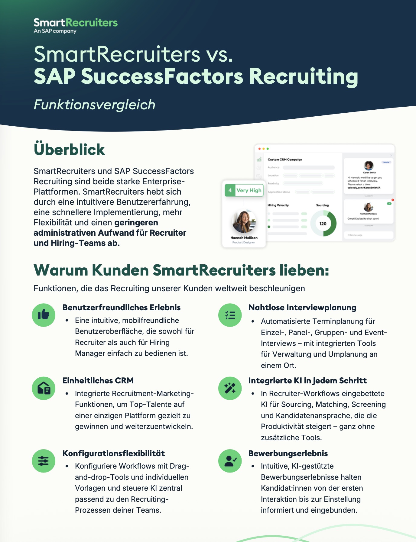 Infographic comparing SmartRecruiters and SAP SuccessFactors Recruiting, showing an overview of features and benefits with green icons in German.