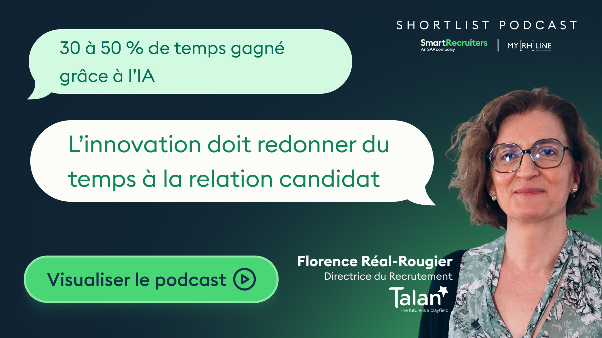 Poster for Shortlist Podcast featuring Florence Réal-Rougier, Directrice du Recrutement, with two green speech-bubble quotes in French about AI and saving time for candidates; a bright green rounded button reading 'Visualiser le podcast'; logos SmartRecruiters and MyRHLine on a dark-to-green gradient background.