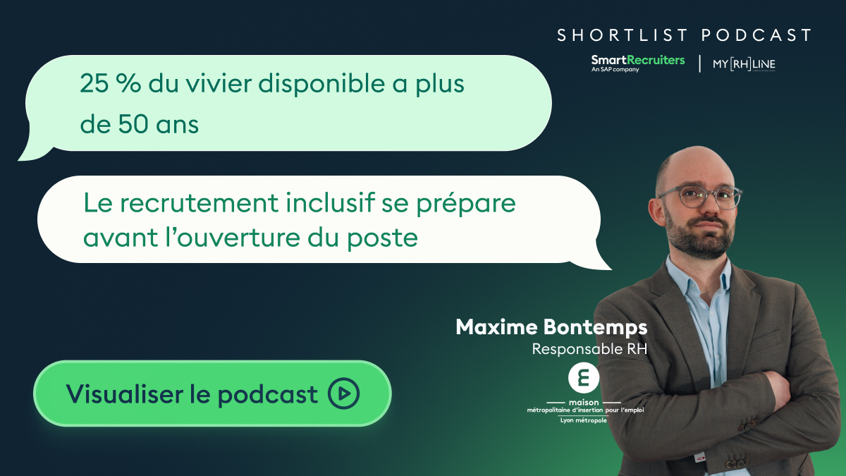 Podcast banner showing a man in a suit on the right, two speech bubbles with French text about recruitment, and a green 'Visualiser le podcast' button.