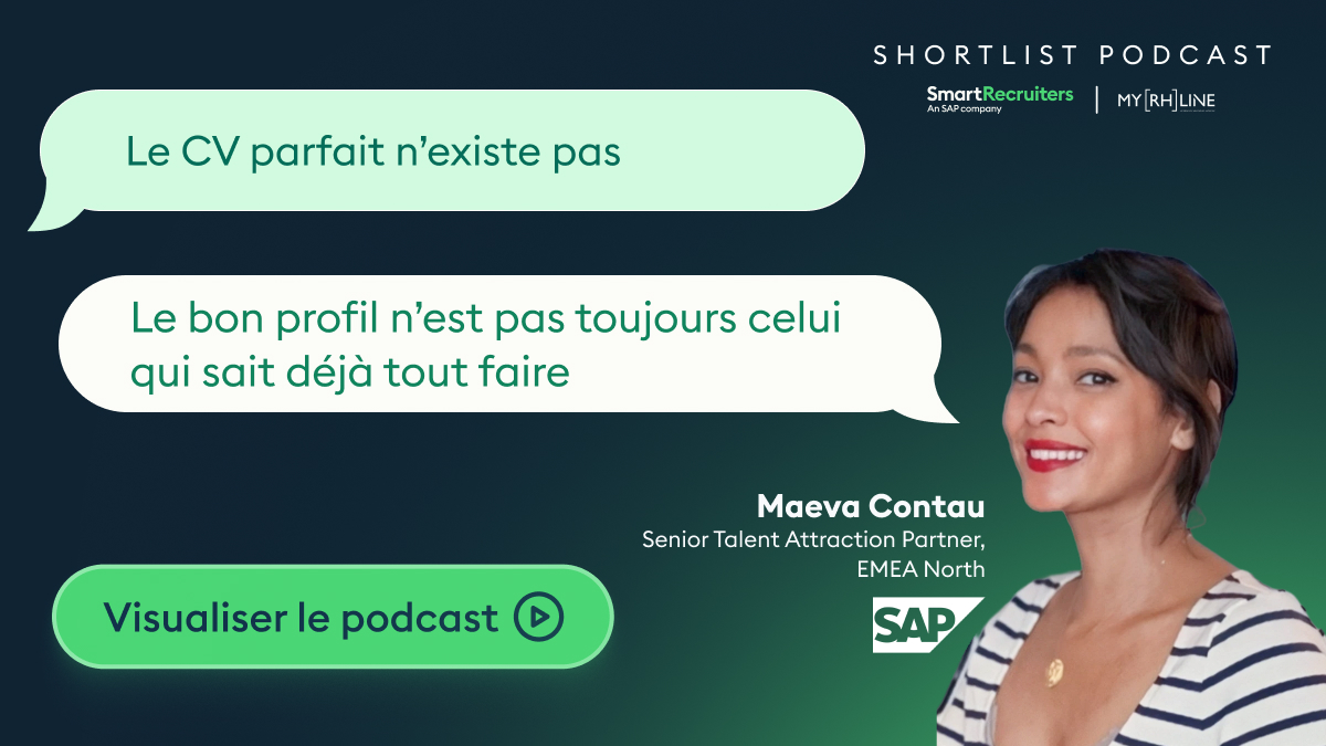 Banner publicitaire du podcast Shortlist: deux bulles de dialogue avec des citations en français et Maeva Contau à droite; bouton vert 'Visualiser le podcast' en bas à gauche.