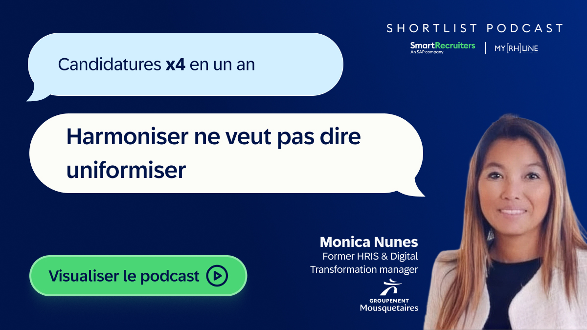 Podcast banner featuring Monica Nunes on a blue background, two speech bubbles with French phrases, and a green 'Visualiser le podcast' button.