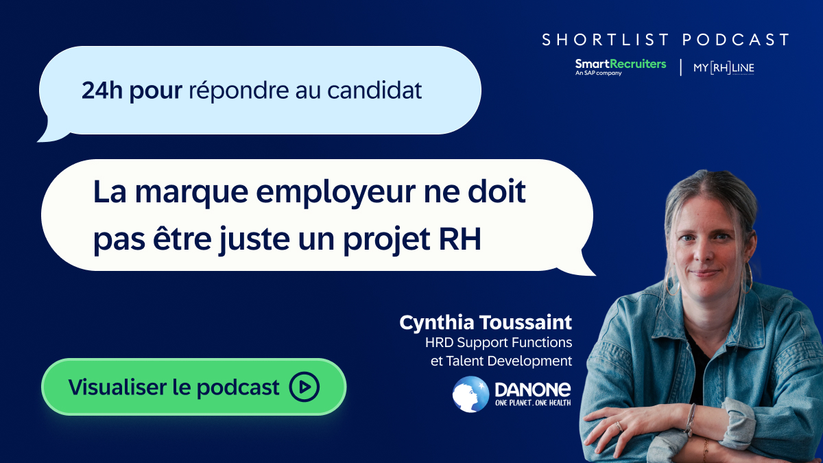 Promo banner for a podcast: two speech bubbles with French quotes about employer branding, portrait of Cynthia Toussaint, and a green 'Visualiser le podcast' button.